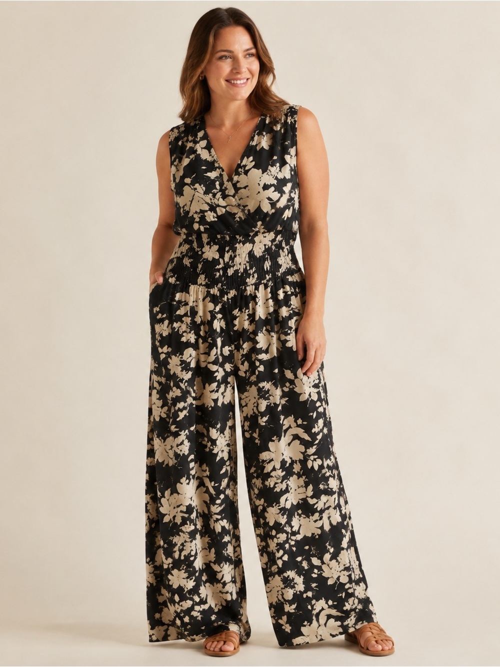 GAP Floral Smocked Waist Wide Leg Jumpsuit Black Khaki Size L